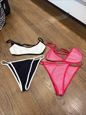Two-Piece Black & White Bikini Set and Pink Striped Triangle Bikini - Women Swim